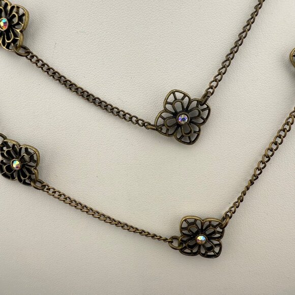 Premier Designs Long Strand Flower Necklace With Crystal Accents Brass And Gold - Picture 4 of 9